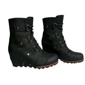SOREL Joan of Arctic Black Leather Wedge Ankle Boots Womens Size 6.5 NL2173011